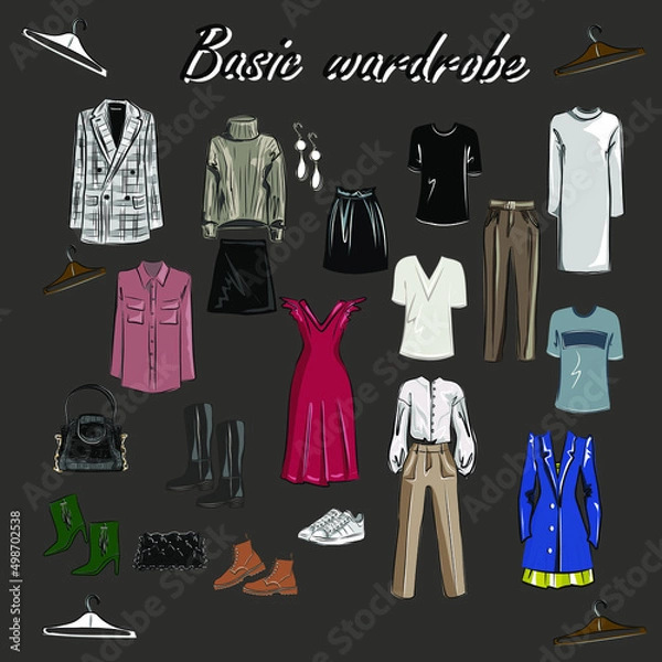Fototapeta Minimalism. Fashion. Capsule basic wardrobe for a woman.  Big cupboard. Wardrobe with a set of clothes on hangers and bags. Isolated vector objects.