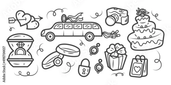 Fototapeta A set of wedding doodle elements, icons. Anniversary, save the date. Isolated illustrations.	