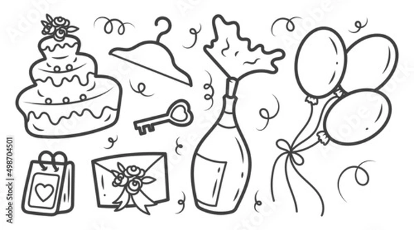 Fototapeta A set of wedding doodle elements, icons. Anniversary, save the date. Isolated illustrations.	