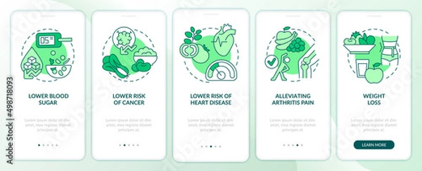 Fototapeta Benefits of vegan diet green onboarding mobile app screen. Veganism walkthrough 5 steps graphic instructions pages with linear concepts. UI, UX, GUI template. Myriad Pro-Bold, Regular fonts used