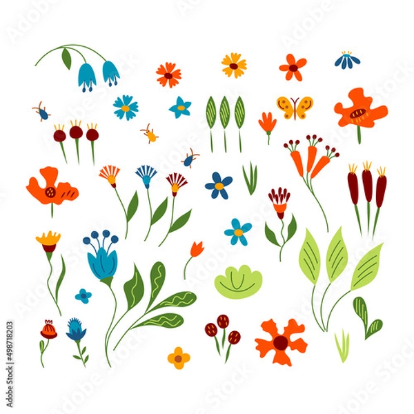 Fototapeta Set of differernt bright flowers and bugs. Vector illustration.