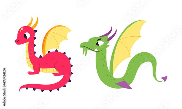 Obraz Cute baby dragons set. Funny green and red fairytale creatures cartoon vector illustration
