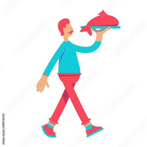 Fototapeta Mature man with mustache and fish on tray semi flat color vector character. Walking figure. Full body person on white. Simple cartoon style illustration for web graphic design and animation