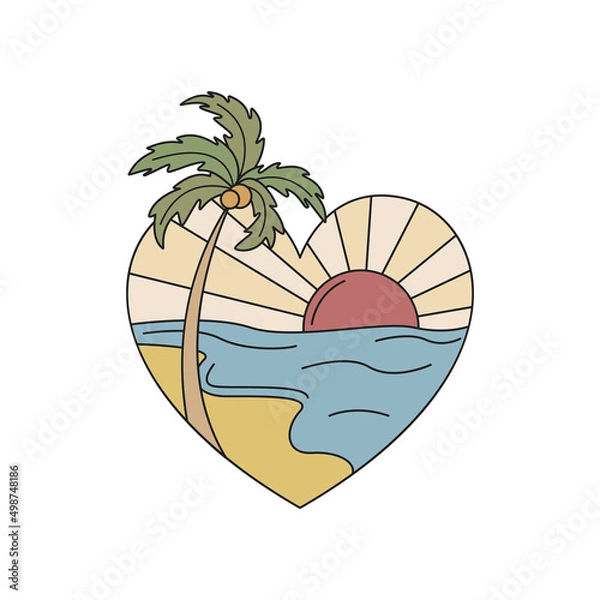 Obraz Badge with sea, sun and palm tree in the shape of a heart. Hand-drawn flat vector illustration.