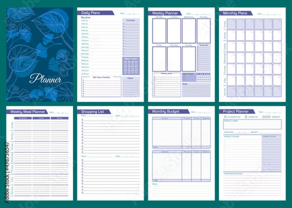 Obraz Printable vector planner pages templates in blue shades. Daily, weekly, monthly, project, budget and meal planners.