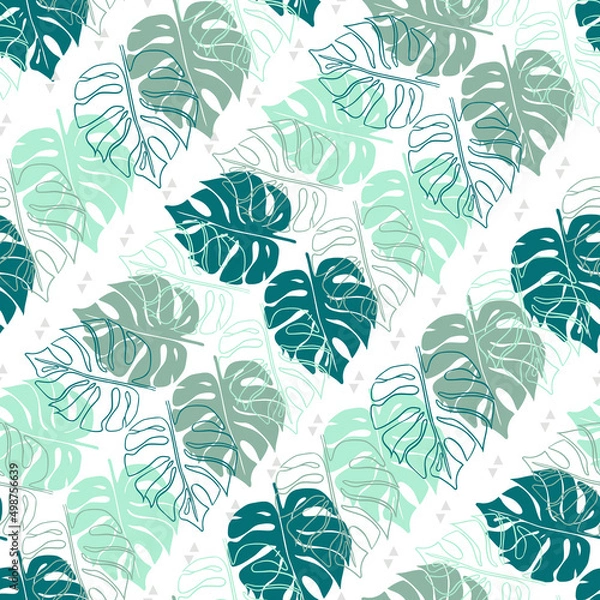 Fototapeta Seamless pattern of monstera leaves in turquoise shades. Vector illustration for fabric, wrapping paper or wallpaper.