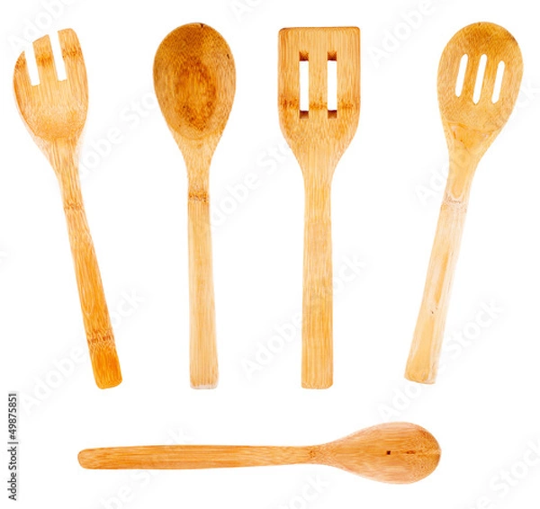 Fototapeta Bamboo Cooking Utensils Isolated  on white