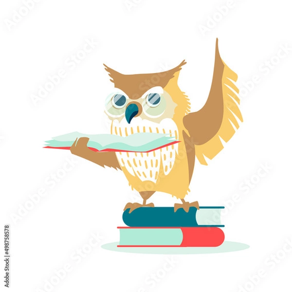 Fototapeta Wise owl reciting poems. Clever bird standing on stack of books teaching at literature lesson or studying school subject. Back to school concept cartoon vector illustration on white background