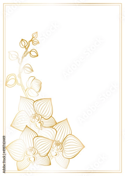 Fototapeta Postcard template with rectangular frame, orchid branch with flowers, buds, freehand outline drawing with liner, golden gradient.