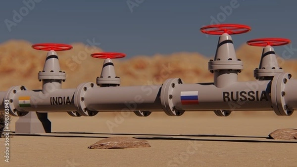 Obraz  The gas pipeline with flags of Russia and India. 3d rendering