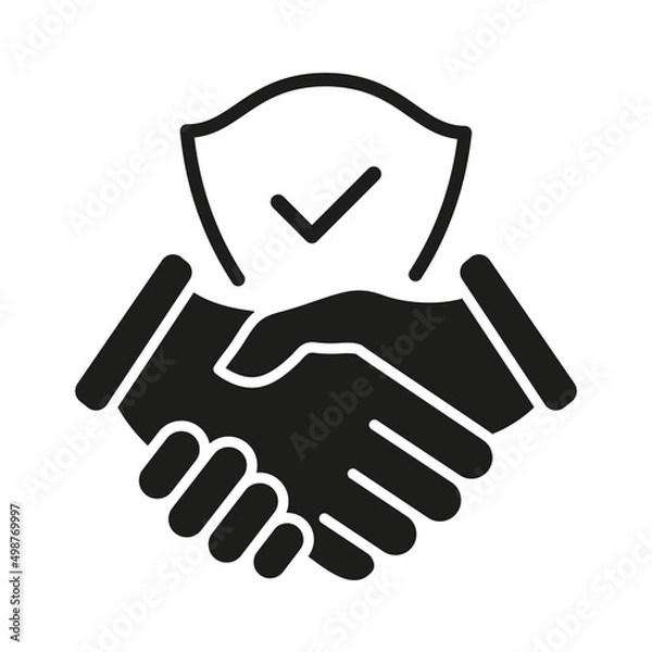 Fototapeta Handshake and shield icon. Business agreement with check mark and protect secure sign. World partnership symbol. Vector isolated on white.