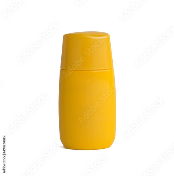 Obraz Yellow sunscreen bottle without label isolated on white background