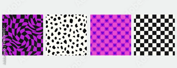 Fototapeta Set of fuchsia pink, black and white checkered seamless patterns