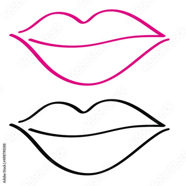 Fototapeta Red lips icon. Simple line mouth icon. Sexy open mouth with red lipstic. Makeup icon.Red lips hand drawn with ink paint brush and black pen outline, isolated on white background. Vector illustration

