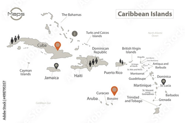 Obraz Caribbean Islands map, individual island with names, Infographics and icons vector