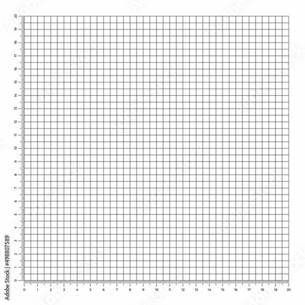 Fototapeta Vector illustration of corner rulers from 0 to 20 cm isolated on white background. Blue plotting graph paper grid. Vertical and horizontal measuring scales. Millimeter graph paper grid template.