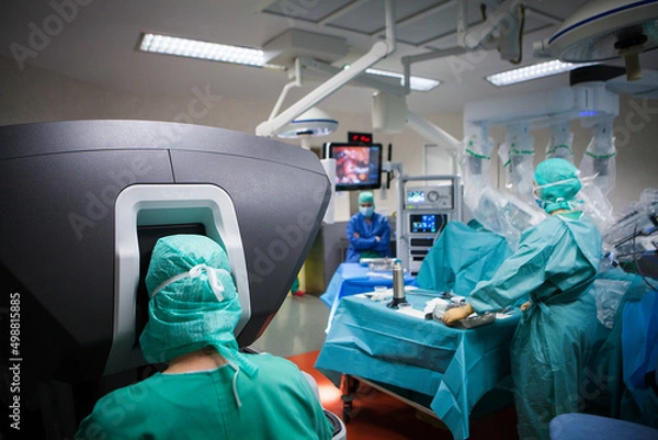 Fototapeta Robotic surgery in the operating room during a hysterectomy.
