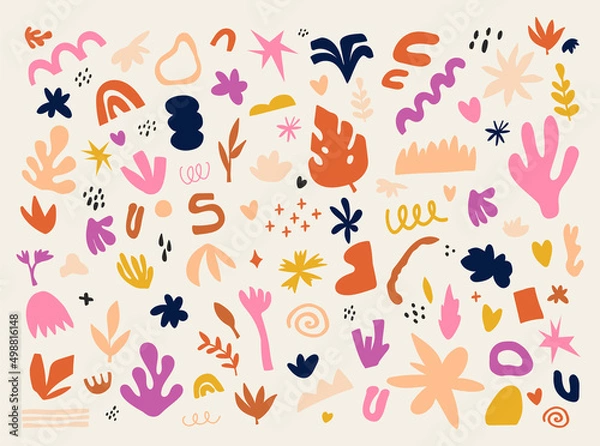 Fototapeta Collection of minimalistic aesthetic doodles and abstract bright elements on isolated background. Large collection of elements, unusual shapes in matisse art style hand-drawn
