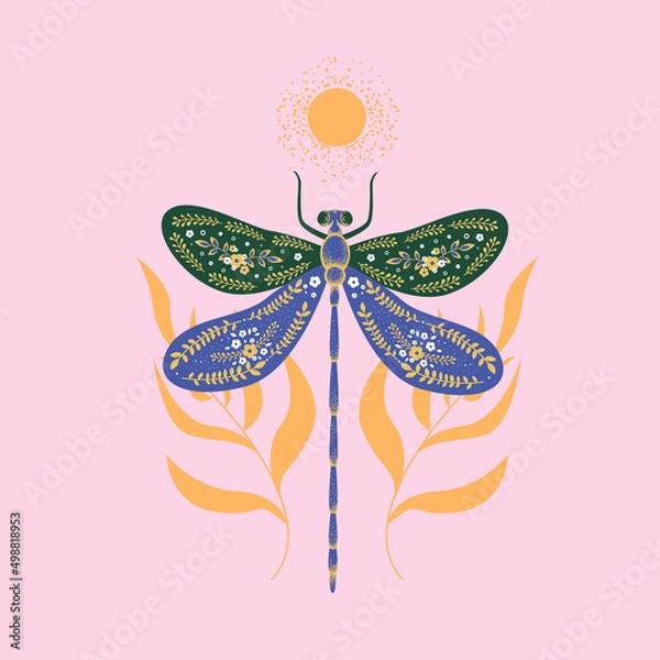 Obraz Postcard with a dragonfly in boho style. Vector graphics illustration.
