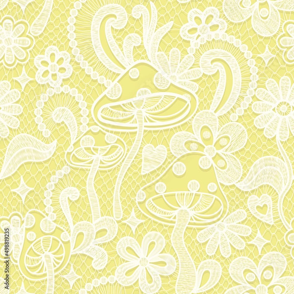 Fototapeta Psychedelic hippie seamless pattern. Lace texture vector illustration. Groovy botanical background with flowers and mushrooms. 60s hippy aesthetique