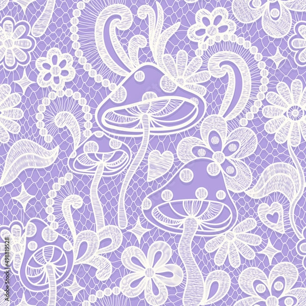 Fototapeta Psychedelic hippie seamless pattern. Lace texture vector illustration. Groovy botanical background with flowers and mushrooms. 60s hippy aesthetique