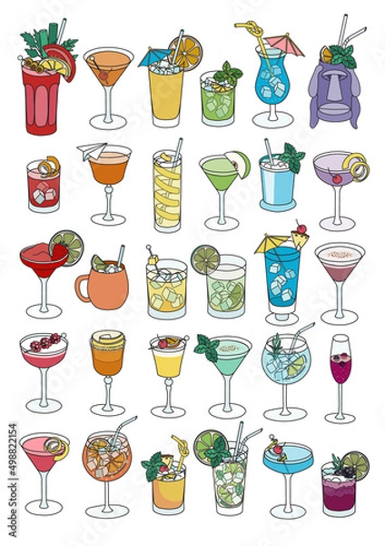 Fototapeta A4 poster size collection set of bar cocktails in rainbow LGBT colors gradient. For gay bar diversity pride party invitations, cards or stickers. Doodle cartoon style illustration on white background