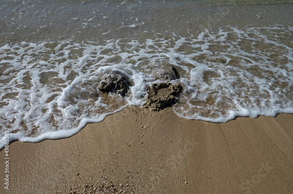 Fototapeta Closeup of an ocean wave on sand and coral on Waikiki Beach for use as a cover photograph.