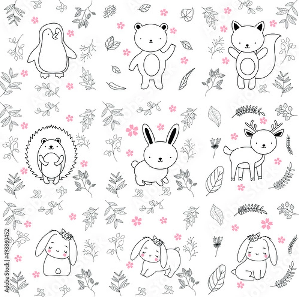 Obraz cartoon activity illustration a set of animals hand drawn elements for children's coloring book design, children's book. eps vector image.