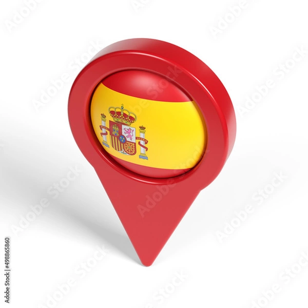 Fototapeta Spanish flag and red-colored map pointer. On White-colored background. Horizontal composition with copy space. Isolated with clipping path.