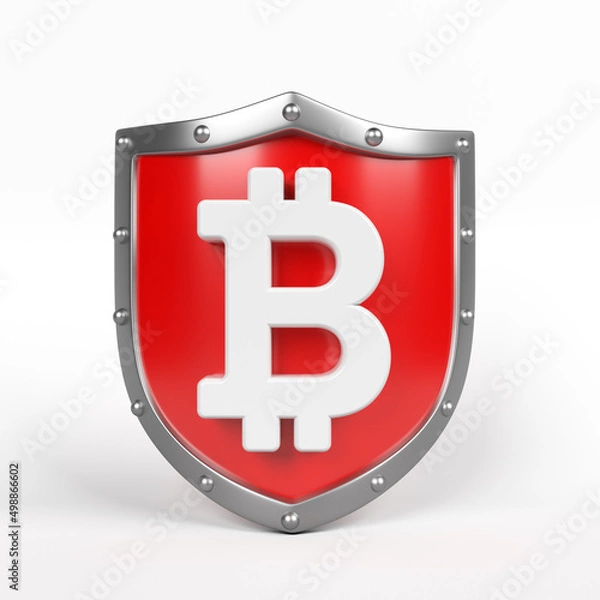 Fototapeta White-colored Bitcoin symbol and red-colored shield icon. On white-colored background. Square composition with copy space. Isolated with clipping path.