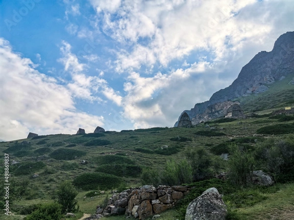 Fototapeta Eltuby is the city of the dead. Ancient Stone Crypts in Kabardino-Balkaria, Russia June 2021.