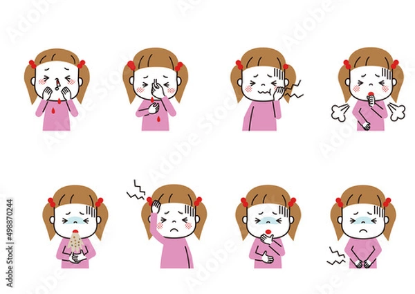 Fototapeta 子どもの病気　いろんな症状の女の子　鼻血、嘔吐など