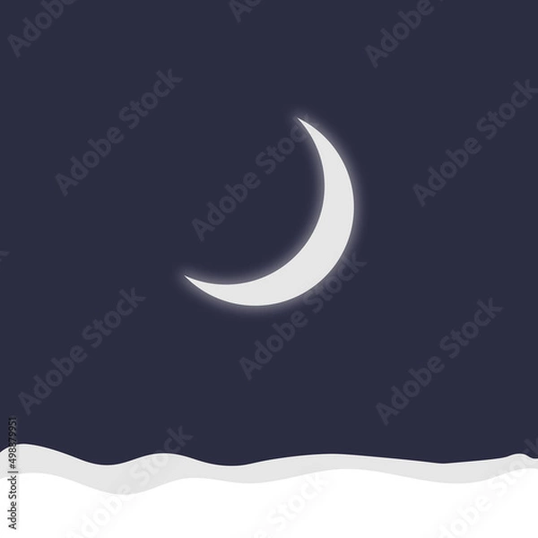 Fototapeta Vector winter landscape. The crescent moon glows in the dark night sky. There is snow on the ground.