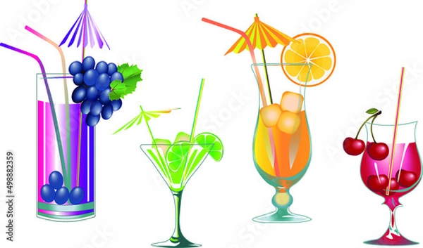 Fototapeta Vector illustration of a set of fruit cocktails. A set of drinks for brunch. Orange, grape, cherry, lemon drinks.