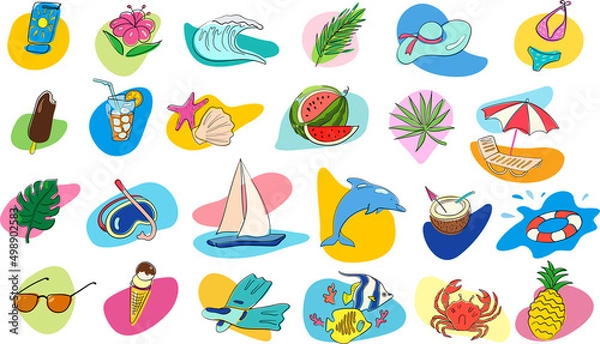 Fototapeta Summer bright beach holiday label elements flat style. Set of vector icons on the theme of leisure and travel, vacation