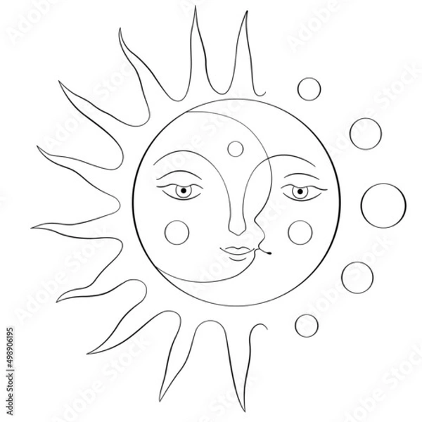 Fototapeta Mystical linear drawing of the Sun and Moon with a face in boho style. Vector illustration isolated on white background. Element for design, tattoo, sticker, logo.