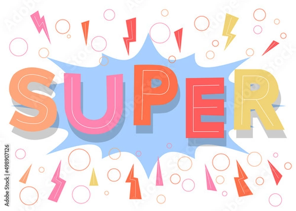 Fototapeta Super. Word written with Children's font in cartoon style.
