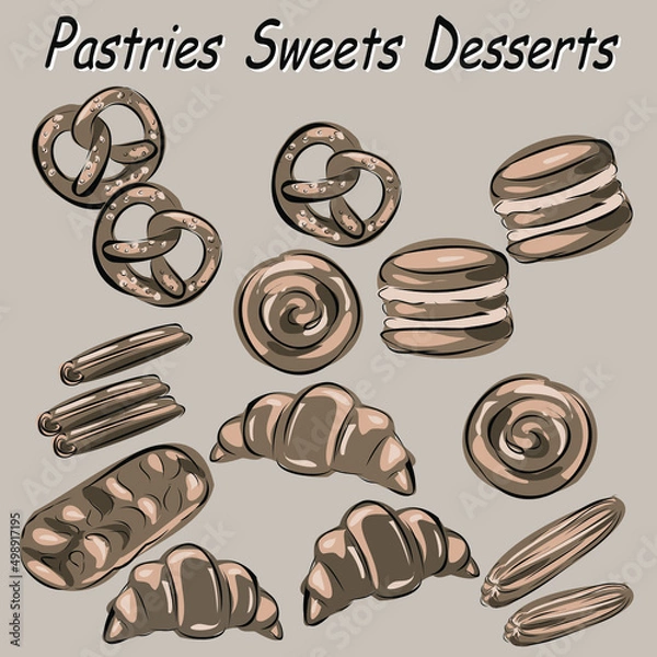 Fototapeta Bakery - various kinds of breadstuff. Bread rolls, baguette, bagel, sweet bun and croissant captured from above. Pictures for wallpaper, for desktop. Vector isolated objects.