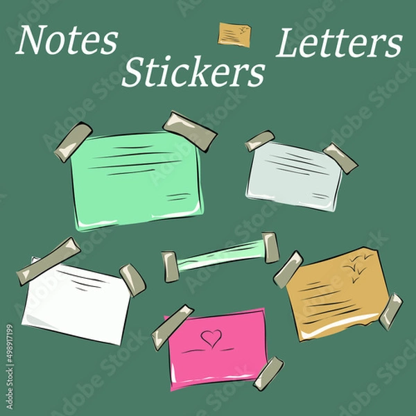 Fototapeta Stickers, letters, notes, a wish card, pieces of paper. Pictures for wallpaper, for desktop. Vector isolated objects.