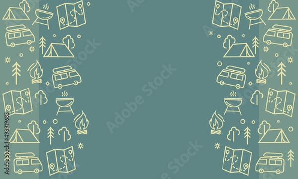 Fototapeta Camping seamless vector pattern. Outdoor recreation, hike horizontal banner with outline icons of campfire, tent, truck, map, barbecue and forest. Design for web page poster, wallpaper, packaging