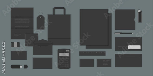 Fototapeta Business corporate identity mock ups template for Logo presentation design elements vector set. Stationery objects business card, blank paper, envelope and other.