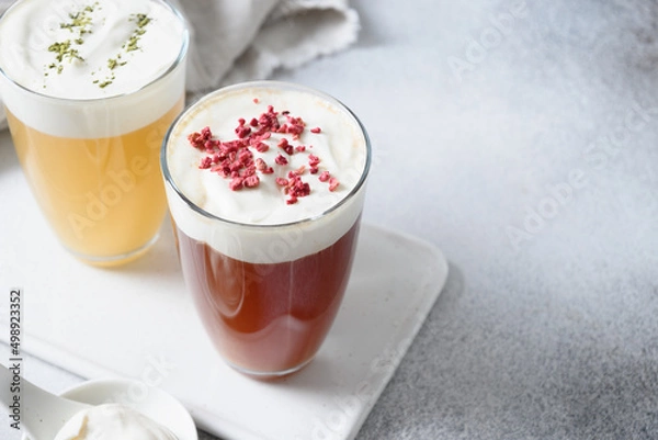 Obraz Chinese asian beverage cheese oolong and black tea with layer of cream cheese foam topped. Close up. Copy space.