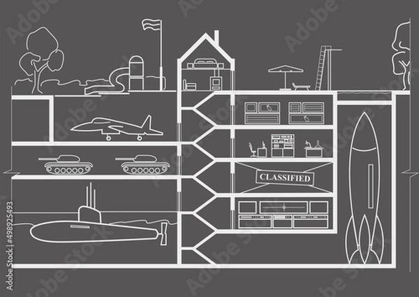 Fototapeta Linear architectural sketch hidden underground millitary base on gray background