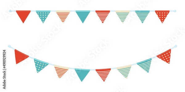 Fototapeta Garland of triangular flags on ribbon in nautical theme. Vector illustration bunting in cartoon style.
