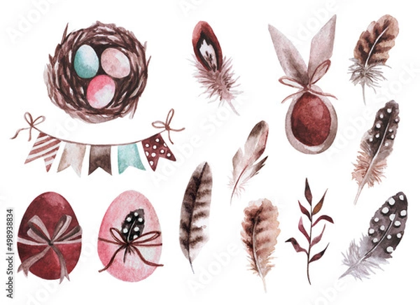 Obraz Set of isolated watercolor easter elements on white background.
