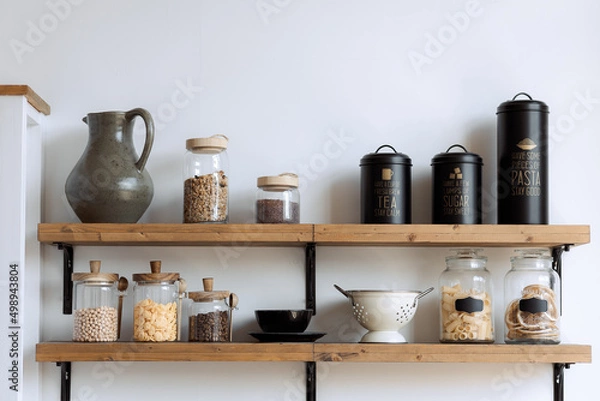 Obraz a jar of pasta, dishes for bulk products on a wooden shelf, in the kitchen. Shelves in the kitchen. System and organization of storage of bulk products in the kitchen. A jar for sugar, grain, cereals.
