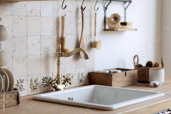Fototapeta organization system in the kitchen, sink, sink. Kitchen apron. The tile is vintage. stylish kitchen. Bright vintage kitchen.