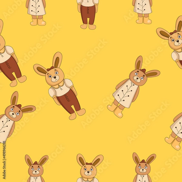 Fototapeta Cute seamless pattern on yellow background with cozy bunnies. Texture for scrapbooking, wrapping paper, invitations. Vector illustration.