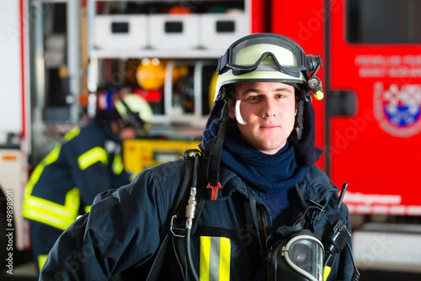 Fototapeta Strażak w mundurze stoi przed strażą pożarną