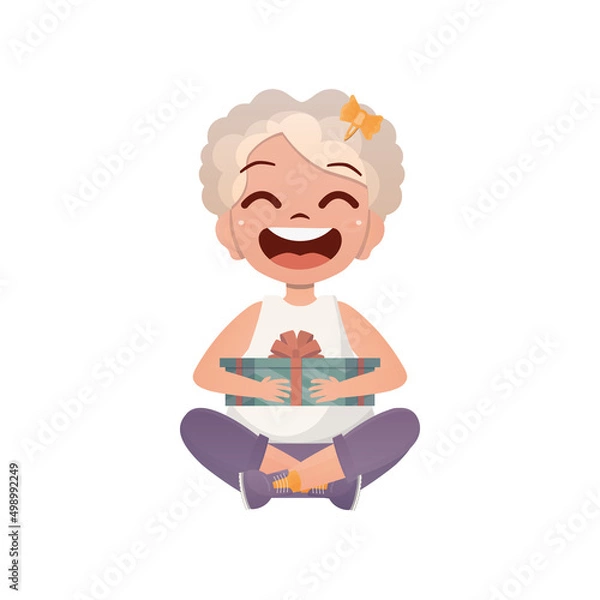 Obraz The Little Girl sits in a lotus position and holds a gift box in her hands. Isolated. Vector.